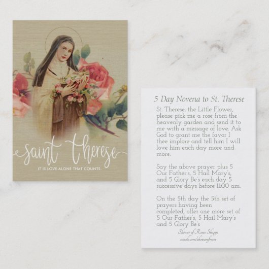 白い原稿は| St.テレーズのバラの神聖なカードの上にありました 名刺 (正面/裏面)