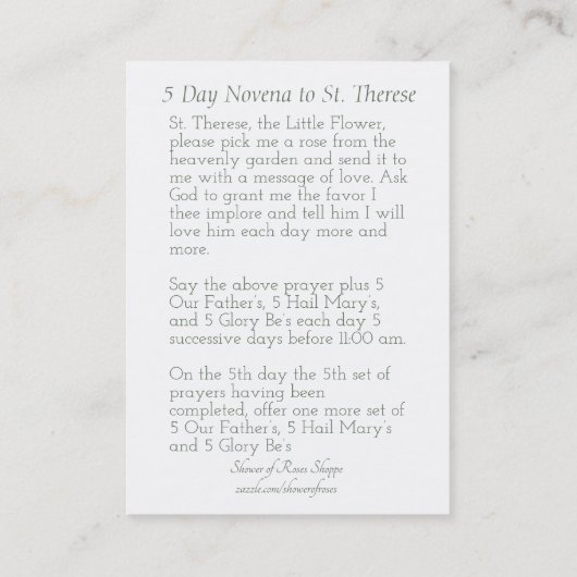 白い原稿は| St.テレーズのバラの神聖なカードの上にありました 名刺 (裏面)