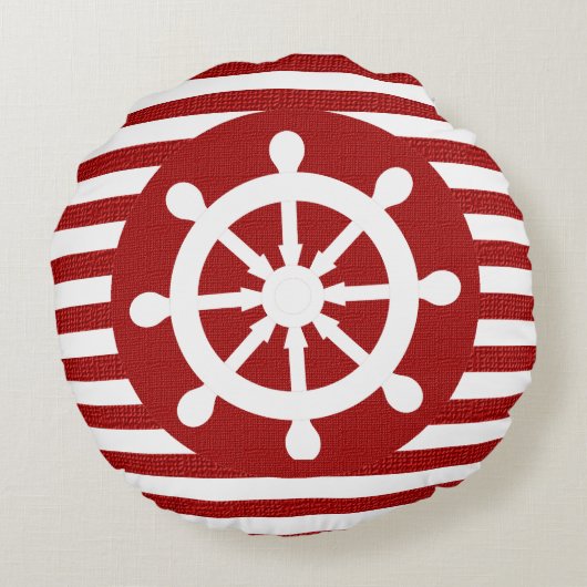 白い及びえんじ色バーラップの航海のな舵輪は縞で飾ります ラウンドクッション (裏面)