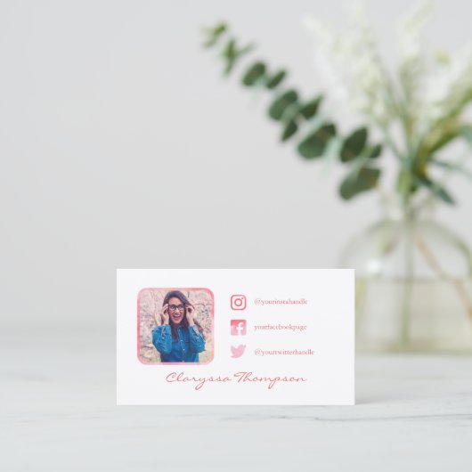 白い及びピンクの水彩画の写真の会合媒体 名刺 (スタンド正面)