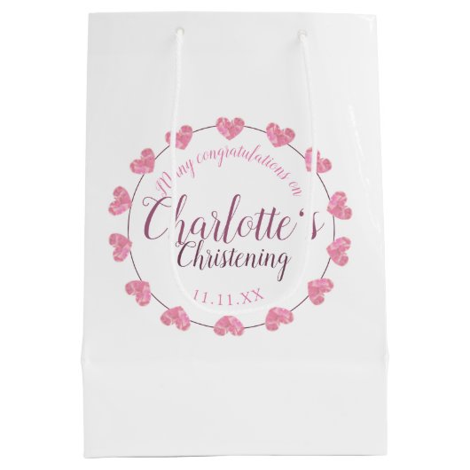 白い及びピンクの花の女の赤ちゃんの《キリスト教》洗礼式や命名式のギフトバッグ ミディアムペーパーバッグ (裏面)