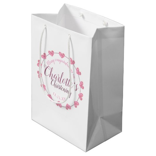 白い及びピンクの花の女の赤ちゃんの《キリスト教》洗礼式や命名式のギフトバッグ ミディアムペーパーバッグ (裏面アングル)