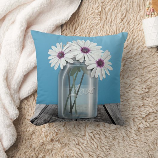 白い及び紫色のデイジーの青いメーソンジャーの枕 クッション (ブランケット)