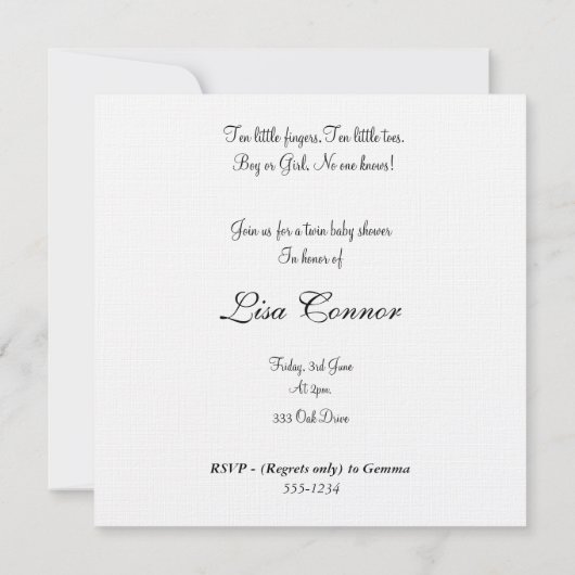 白い及び緑のリネンダマスク織のベビーシャワーの招待 招待状 (裏面)