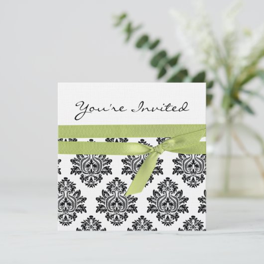 白い及び緑のリネンダマスク織のベビーシャワーの招待 招待状 (スタンド正面)