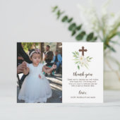 白い及び緑の花の十字の最初聖餐式 サンキューカード (スタンド正面)