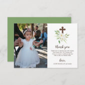白い及び緑の花の十字の最初聖餐式 サンキューカード (正面/裏面)