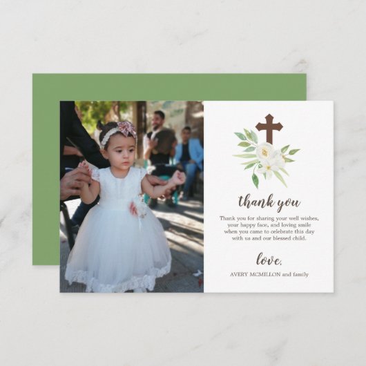 白い及び緑の花の十字の最初聖餐式 サンキューカード (正面/裏面)