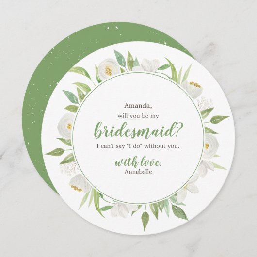 白い及び緑の花柄はです私の新婦付添人決定します 招待状 (正面/裏面)