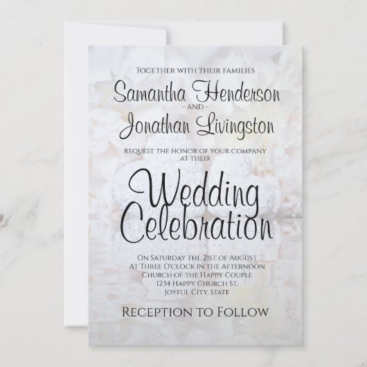 白い反射牡丹の花とハート結婚ズ 招待状 (正面)