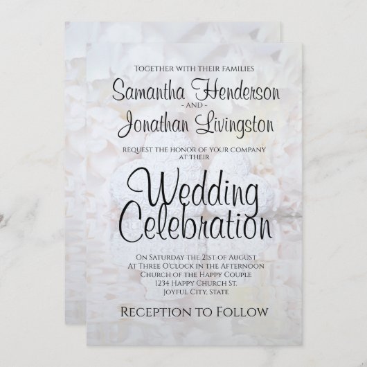 白い反射牡丹の花とハート結婚ズ 招待状 (正面/裏面)