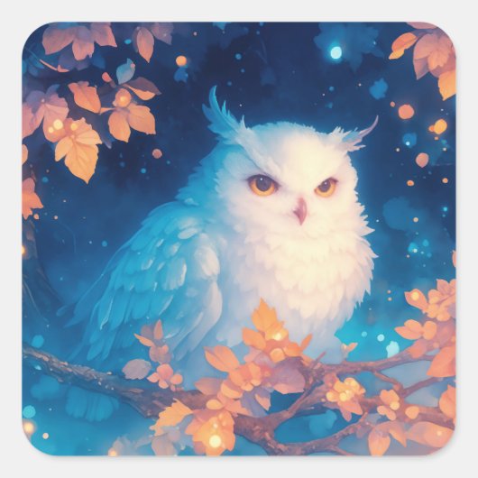 白い可愛いフクロウが止まる秋の葉の枝 スクエアシール (正面)