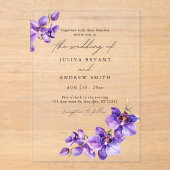 白い台本の紫のラン結婚ド アクリル招待状 (正面)