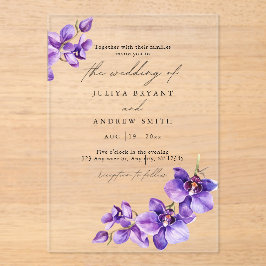 白い台本の紫のラン結婚ド アクリル招待状