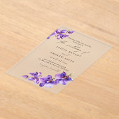 白い台本の紫のラン結婚ド アクリル招待状 (レイダウン)