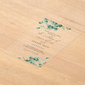 白い台本の緑のユーカリ結婚プトゥス アクリル招待状 (レイダウン)