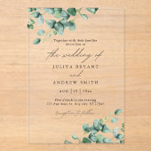 白い台本の緑のユーカリ結婚プトゥス アクリル招待状 (正面)