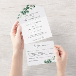白い台本の緑のユーカリ結婚プトゥス オールインワン招待状