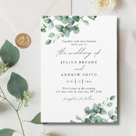 白い台本の緑のユーカリ結婚プトゥス 招待状