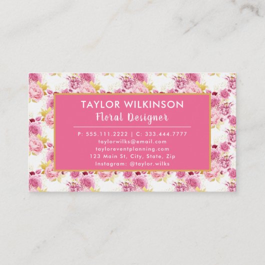 白い名刺のピンクと金ゴールドのフローラバラ 名刺 (裏面)