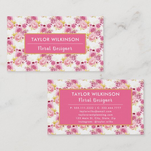 白い名刺のピンクと金ゴールドのフローラバラ 名刺 (正面/裏面)