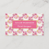白い名刺のピンクと金ゴールドのフローラバラ 名刺 (正面)