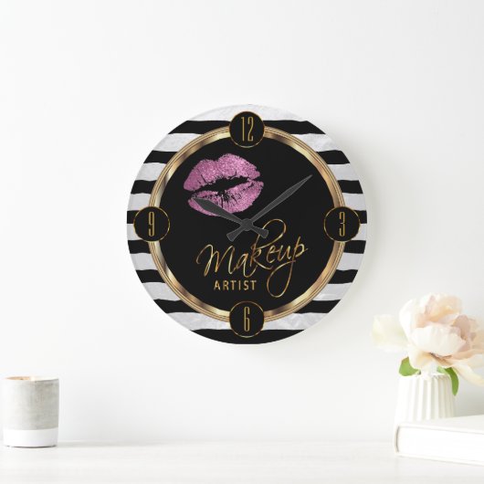 白い唇とピンク色のメイクアップアーティストストライプ ラージ壁時計 (ホーム)