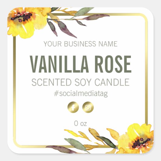 白い商品ラベルに明るい黄色の花 スクエアシール (正面)