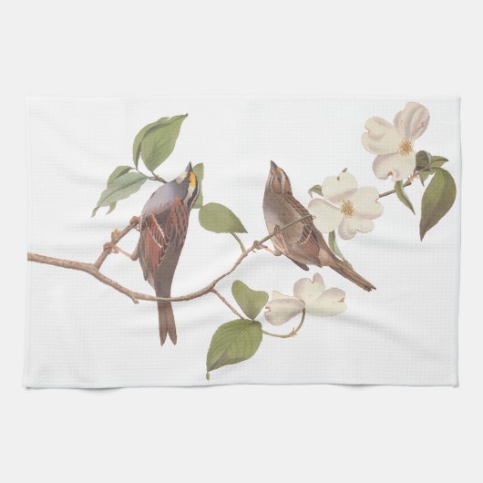 白い喉の付いたスズメのオードボンの花の鳥 キッチンタオル (横)