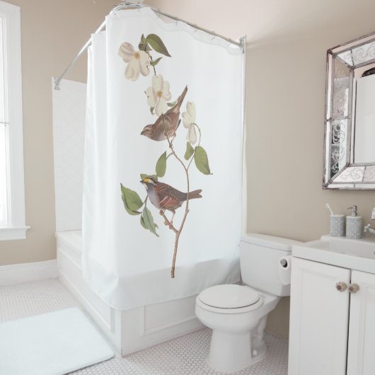 白い喉の付いたスズメのオードボンの花の鳥 シャワーカーテン (インサイチュ)