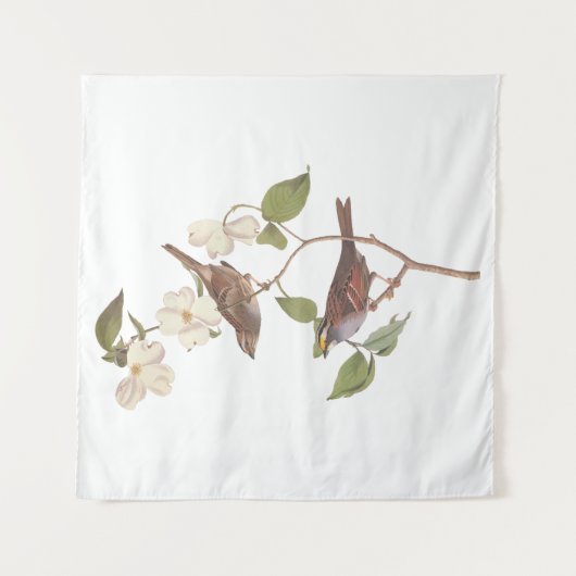 白い喉の付いたスズメのオードボンの花の鳥 タペストリー (正面)