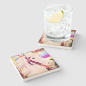 白い回転木馬メリーゴーラウンド馬の写真カラフル ストーンコースター (横)