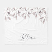 白い埃っぽいバラピンクのフローラの葉名 フリースブランケット (正面(横))