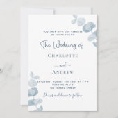 白い塵の青いユーカリのウェディング 招待状 (正面)