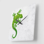 白い壁の上昇の緑のヤモリ スクエア壁時計 (傾斜)