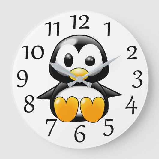 白い壁時計の上の可愛いペンギン ラージ壁時計 (正面)