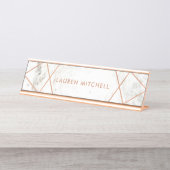 白い大理石で幾何学的なモダンなのどのばら色の金ゴールド デスクネームプレート (正面)