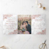 白い大理石とバラ金ゴールドレース結婚の写真 三つ折り招待状 (内部)