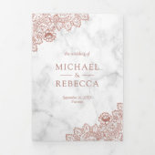 白い大理石とバラ金ゴールドレース結婚の写真 三つ折り招待状 (カバー)