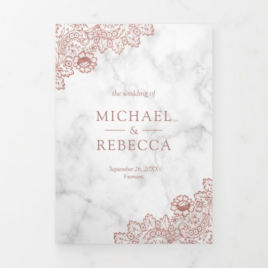 白い大理石とバラ金ゴールドレース結婚の写真 三つ折り招待状 (カバー)