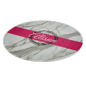 白い大理石とピンクの明るい赤紫色名前をカスタムする ガーリー カッティングボード (角)