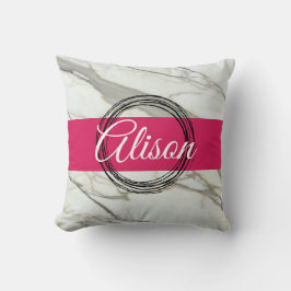 白い大理石とピンクの明るい赤紫色名前をカスタムする ガーリー クッション