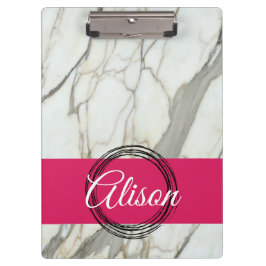 白い大理石とピンクの明るい赤紫色名前をカスタムする ガーリー クリップボード