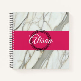 白い大理石とピンクの明るい赤紫色名前をカスタムする ガーリー ノートブック