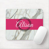 白い大理石とピンクの明るい赤紫色名前をカスタムする ガーリー マウスパッド (マウス)