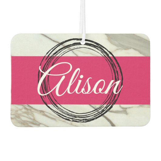 白い大理石と明るい赤紫色のピンクガーリーの名前を追加 カーエアーフレッシュナー (正面)