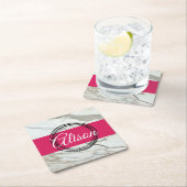 白い大理石と明るい赤紫色のピンクガーリーの名前を追加 スクエアペーパーコースター (インサイチュ)