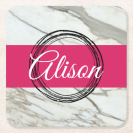 白い大理石と明るい赤紫色のピンクガーリーの名前を追加 スクエアペーパーコースター