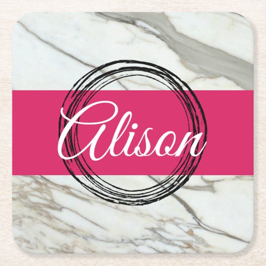 白い大理石と明るい赤紫色のピンクガーリーの名前を追加 スクエアペーパーコースター (正面)