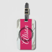 白い大理石と明るい赤紫色のピンクガーリーの名前を追加 ラゲッジタグ (正面縦)